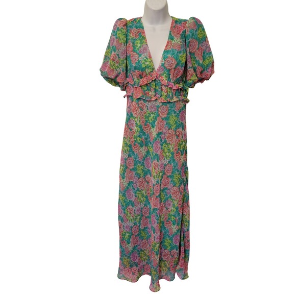 Astr Dresses & Skirts - ASTR The Label M Maxi Dress Green Pink Floral Puff Sleeve ESPERANZA V Neck Fairy